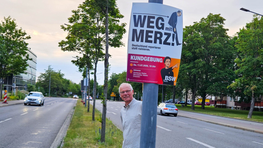 Plakatierung für die BSW-Demo am 11.07.2026 in Dresden